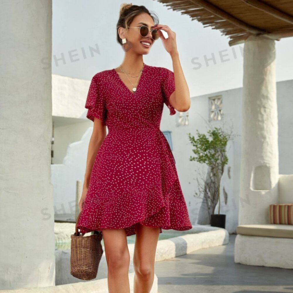 red polka dot wrap dress